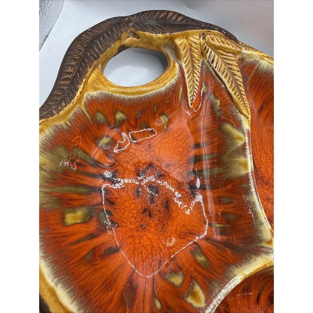 Vintage MCM Glazed‎ Divided Pottery Platter Chip Dip Orange & Brown Centerpiece